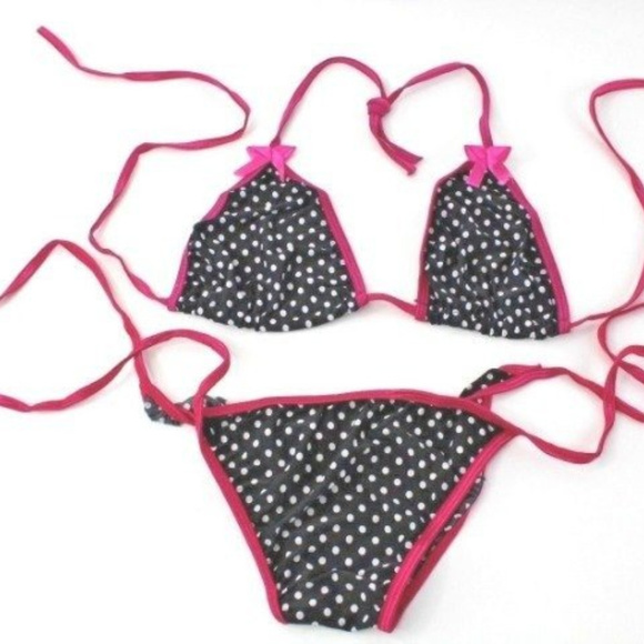 Sexy 2 Piece Polka Dot String Bikini Size Small Black /White Pink Trim - Picture 2 of 3